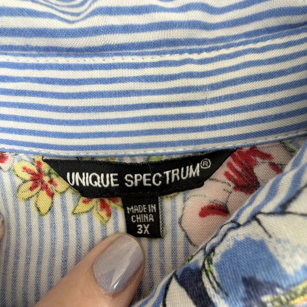unique spectrum blue stripe floral button up shirt 3x cottagecore boho coastal - Picture 2 of 4